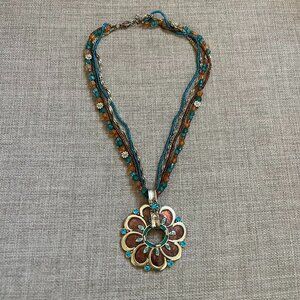 Multi Strand Bronze Toned Boho Bedazzled Floral Pendant Medallion Aqua Brown 19"